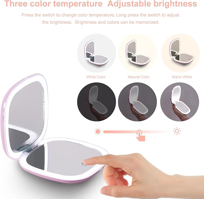 Mocado Compact LED Travel Makeup Mirror - 4 Inches 1X/10X Magnification Travel Mirror with Light Dimmable Double Sides Lighted USB Rechargeable Compact Mirror for Purse,Pocket,Travel(Purple)