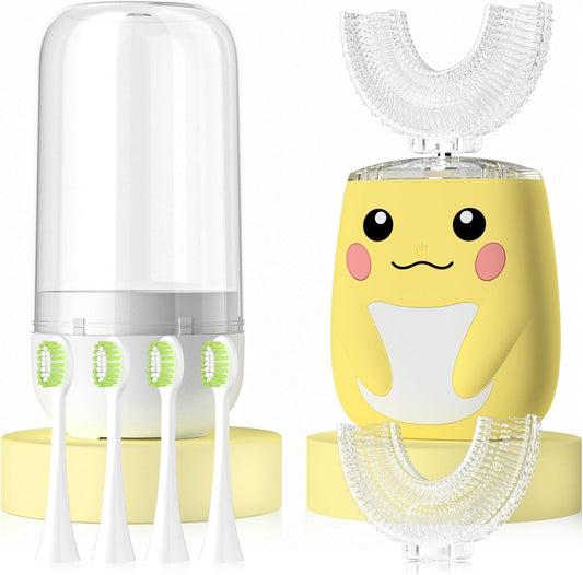 Kids Electric U Shaped Toothbrush Children Rechargeable Sonic Toothbrush with 6 Soft Brush Head Automatic Full Mouth 6 Cleaning Modes -Age2-7 Yellow