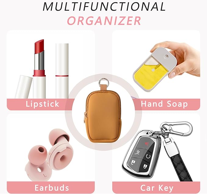 2Pcs Small Makeup Bag, Mini Portable Travel Cosmetic Bag, Soft Neoprene Makeup Pouch with Zipper, Fashion Accessory with Snap Hook, Cute Coin Purse Lipstick Cosmetic Travel Organizer(Black+ Brown)
