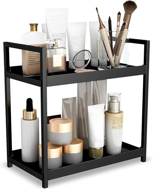 2-Tier Bathroom Counter Organizer with Basket, Vanity Tray Shelf, Bathroom Organizer Countertop, Vanity Organizer Bathroom Tray, Makeup And Skincare Organizers for Vanity, Kitchen Spice Rack (Black)