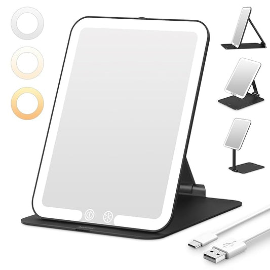 Auxmir Travel Makeup Mirror with 3 Dimmable Color Lights, Portable Foldable LED Lighted Travel Makeup Mirror, Rechargeable Compact Vanity Mirror with Light, Adjustable Height and Angle for Desk, Black