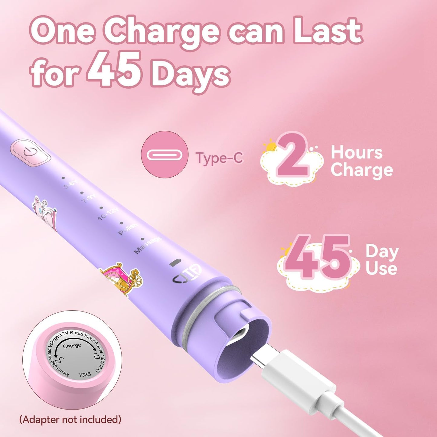 JTF Kids Electric Toothbrush Rechargeable: Sonic Tooth Brush with Smart Timer 5 Brushing Modes 4 Soft Brush Heads IPX7 Waterproof and DIY Sticker, Portable Pink Children Toothbrushes for Girl, Ages 3+