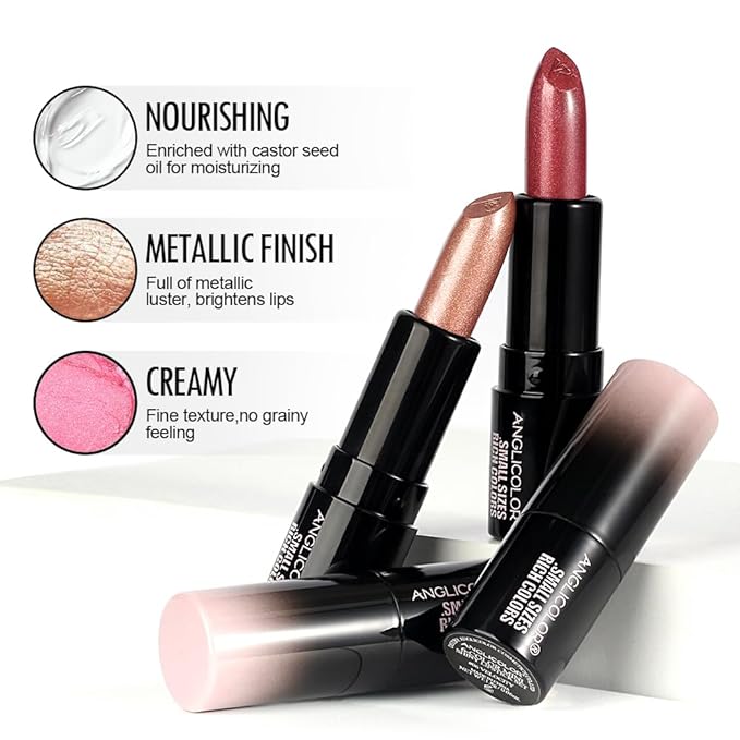 Anglicolor 6PC Mini Glitter Lipstick Set,High Pigmented,Lightweight Smooth Moisturizing Formula,Glossy Shine,Travel Size,Metallic Shimmer Lipstick Gift Sets For Women Girls Makeup kit