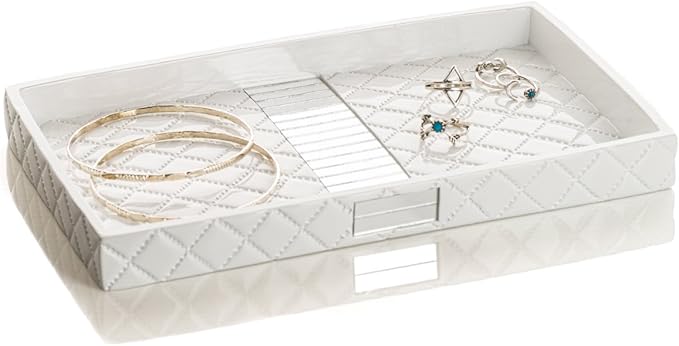 Creative Scents Quilted Mirror Vanity Tray – Decorative Cosmetics Organizer - Durable Resin - Best Bathroom Trays for Arranging Perfume/Jewelry/Makeup - Elegant Bathroom Accessories (White)