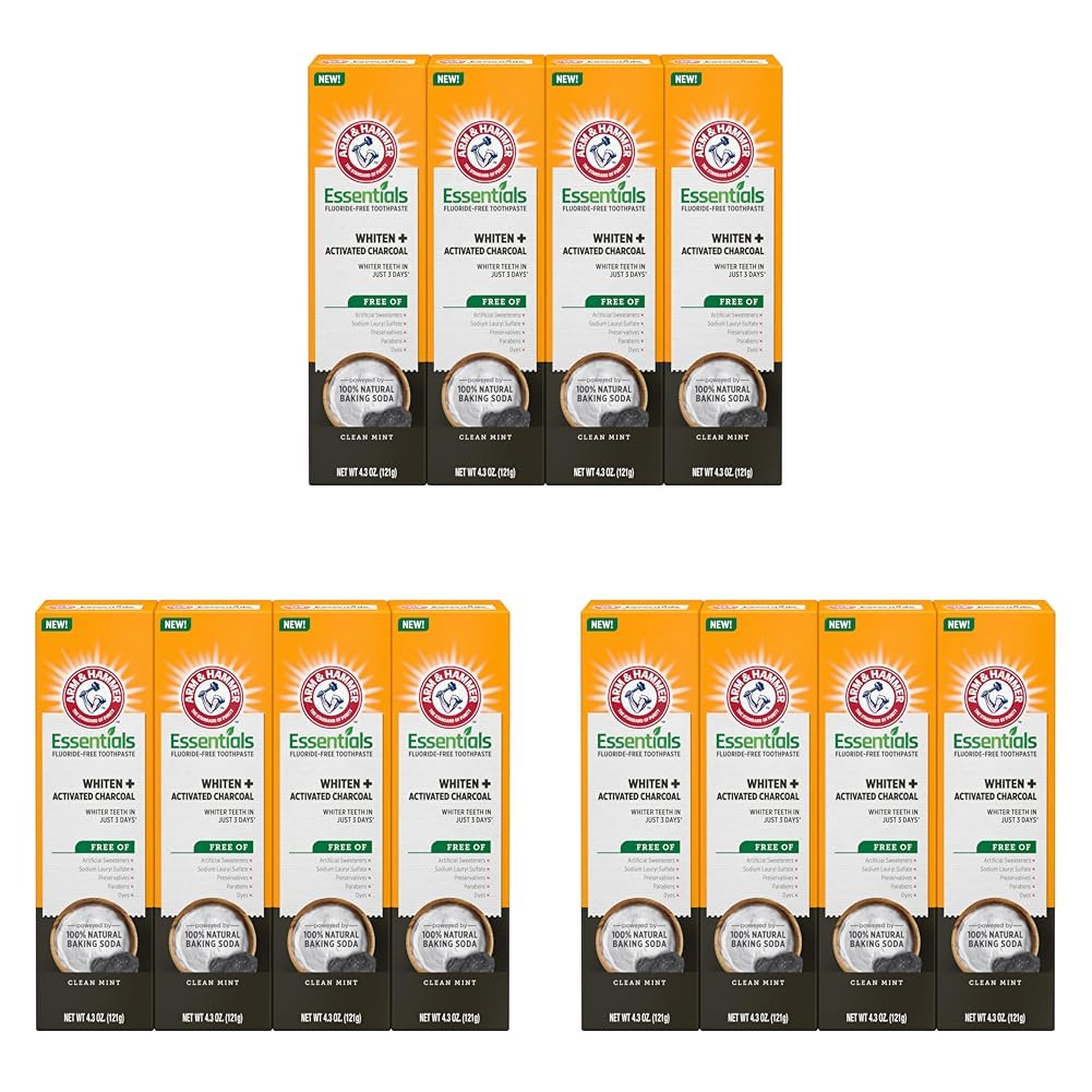 ARM & HAMMER Essentials Fluoride-Free Toothpaste Whiten + Activated Charcoal-12 Pack of 4.3oz Tubes, Clean Mint- 100% Natural Baking Soda