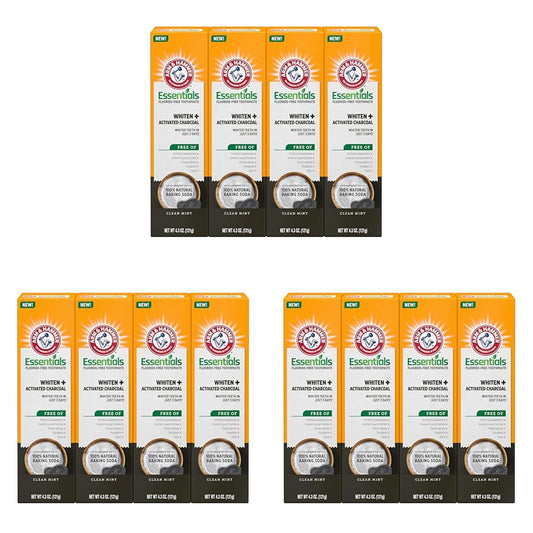 ARM & HAMMER Essentials Fluoride-Free Toothpaste Whiten + Activated Charcoal-12 Pack of 4.3oz Tubes, Clean Mint- 100% Natural Baking Soda