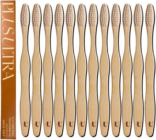 Biodegradable and Eco-Friendly Bamboo Toothbrush 12-Pack - BPA Free Soft Bristle - Dentist-Approved and All-Natural Toothbrush with Logo Etched on Handles by Plus Ultra