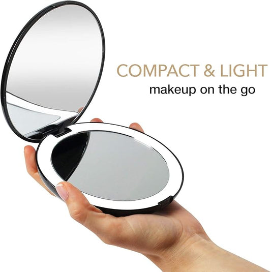 Fancii LED Lighted Travel Makeup Mirror, 1x/10x Magnification - Daylight LED, Compact, Portable, Large 5” Wide Illuminated Folding Mirror
