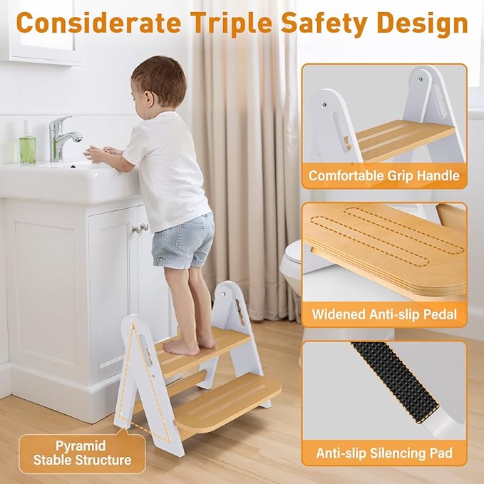 Toddler Step Stool, Wooden Height-Adjustable 2 Step Stool for Kids, 2 in 1 Potty Training Stool with Safety Handles Non-Slip Pads for Bathroom Sink, Kitchen, Bedroom (White, Foldable)