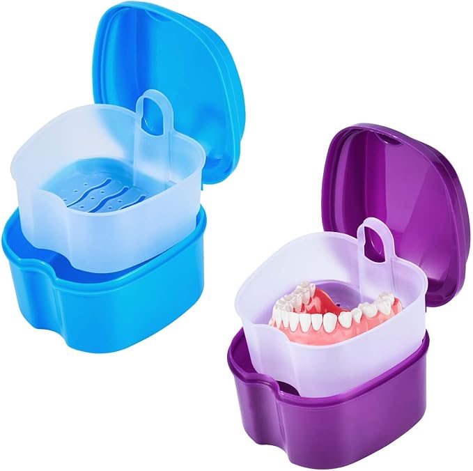 2 Pack Colors Denture Bath Case Cup Box Holder Storage Soak Container with Strainer Basket for Travel Cleaning (Light Blue and Purple)