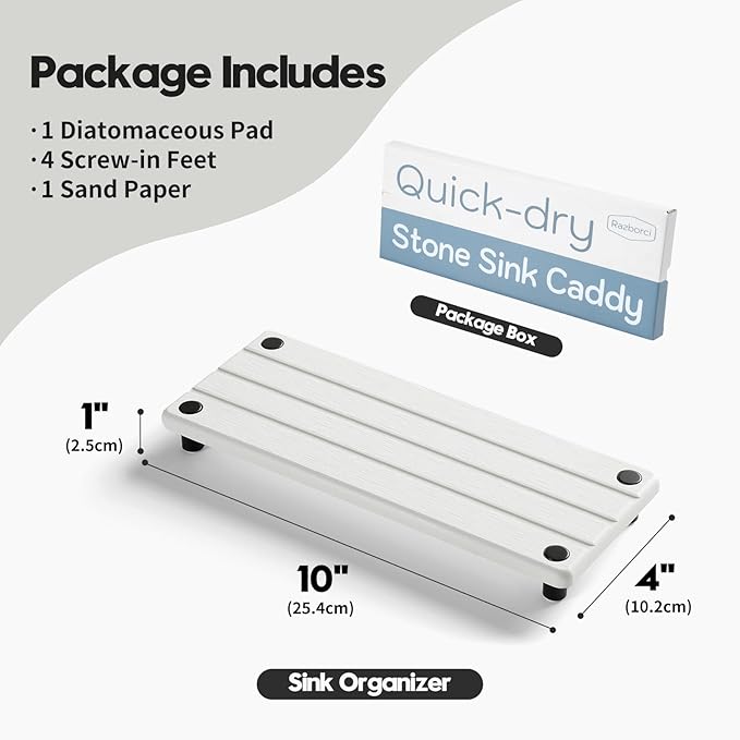 2 Pack Fast Drying Water Absorbing Diatomite Stone Mat Tray for Kitchen & Bathroom Counter - Instant Dry Sink Caddy Organizer - Vanity Holder for Soap and Sponge – White 10" x 4"