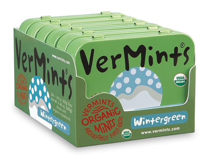 VerMints Organic Breath Mints Wintergreen - Real Long-Lasting Refreshment, Travel Size Tin - Non-GMO, Vegan, Nut Free, Gluten Free & Kosher Organic Candy Mints- 1.41oz Tins (Pack of 6)