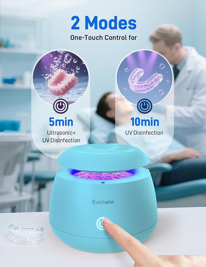 Ultrasonic Retainer Cleaner, EVA BELLE Denture Retainer Cleaner Machine, Tooth Cleaner for Oral Dental Care, Portable Rechargeable Dental Cleaning Pod for Night Guards, Braces, Aligner, Jewelry