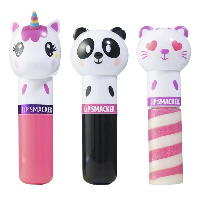 Lip Smacker Lippy Pals, Set of 3 Flavored Moisturizing & Smoothing Soft Shine Lip Balm, Hydrating & Protecting Fun Tasty Flavors ,Cruelty-Free & Vegan - Unicorn, Panda and kitten