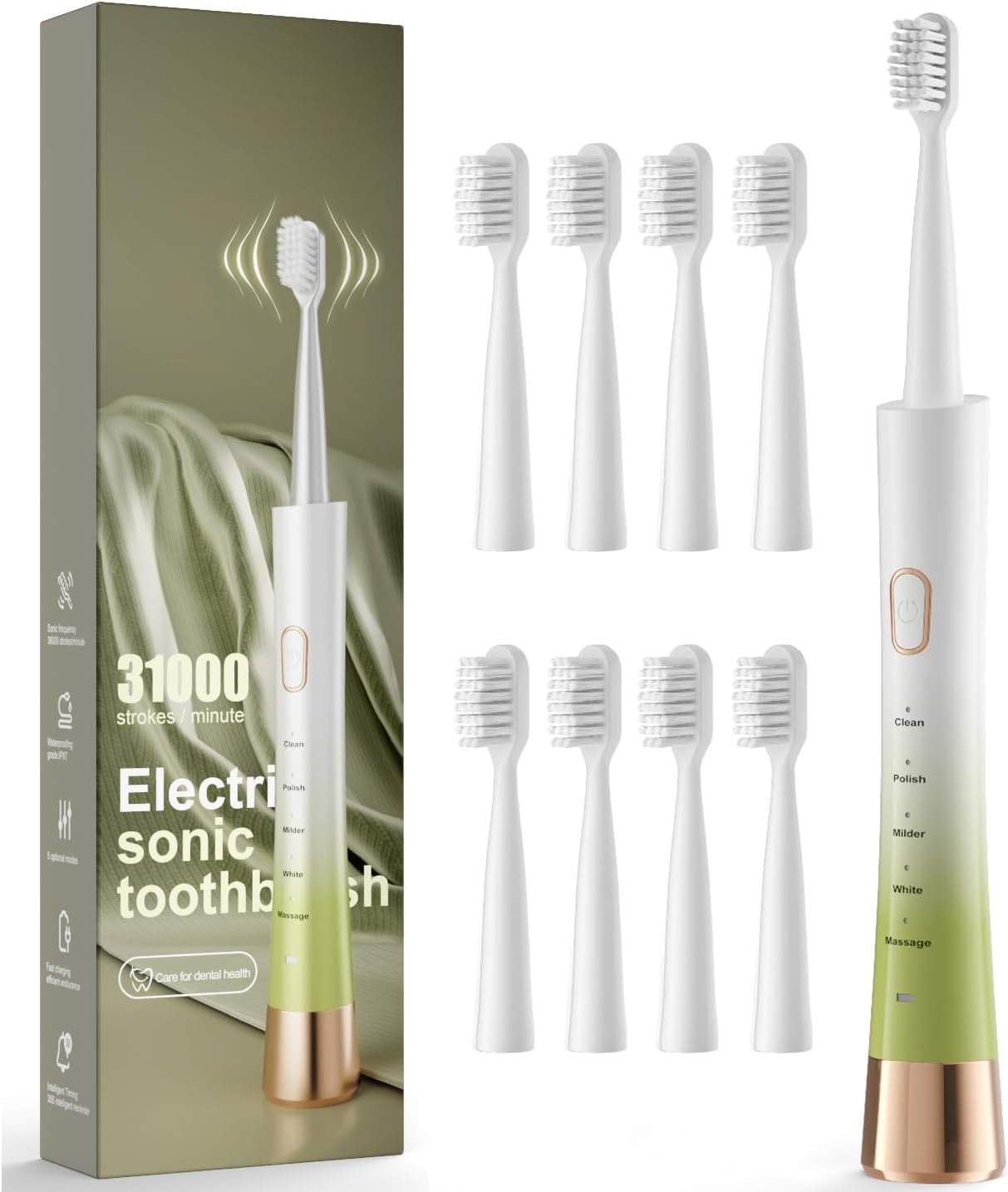 Upgrade Sonic Electric Toothbrush for Adults, 8 Replacement Brush Heads, Rechargeable Electric Toothbrush with 2-Minutes Timer IPX7 Water-Proof, for Indoor & Outdoor, White & Green Gradient