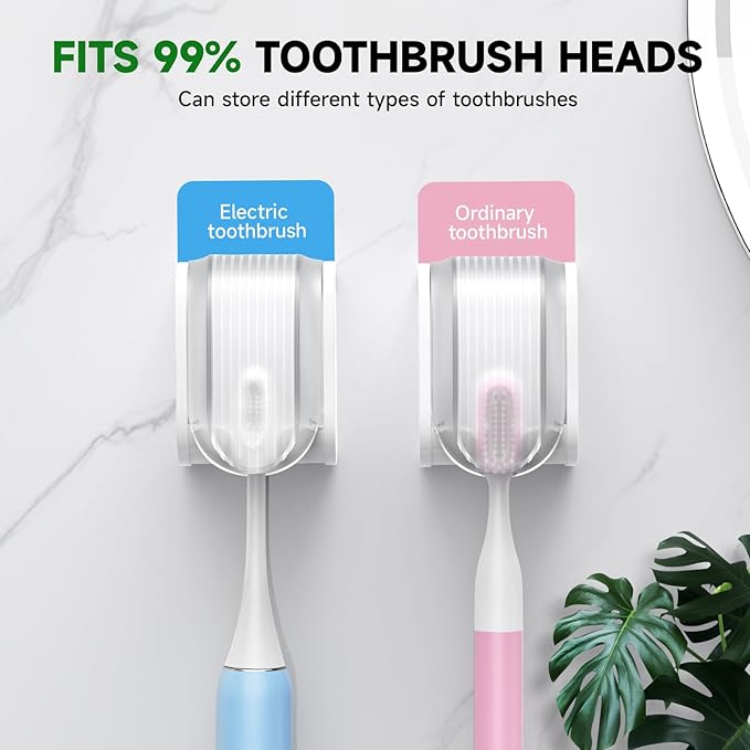 2 Pcs Toothbrush Holders Wall Mounted, Single Slot Design, Shower Self Adhesive Wall Mounted Toothbrush Holder with Cover, Waterproof and Dustproof, Suitable for Bathroom, Family, Travel (Transparent)