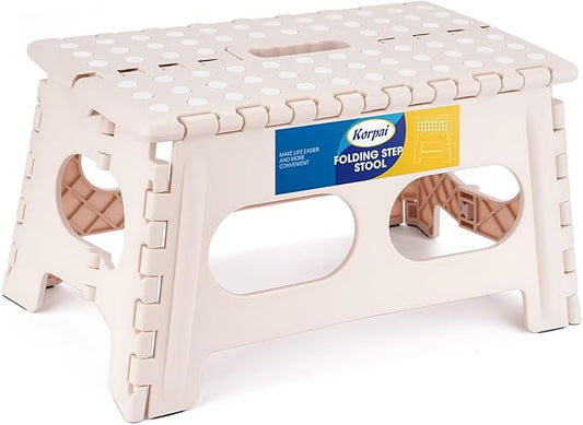Korpai 9" Folding Step Stool for Adults and Kids 15-Inch Extra Wide Stool Holds Up to 300 lbs,Non-Slip Folding Stools with Handle,Compact Plastic Foldable Step Stool for Bathroom,Kitchen,ect Khaki