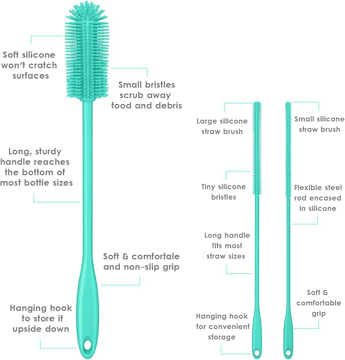 3-in-1 Silicone Bottle Brush and Straw Cleaning Brush Set, Water Bottle Cleaner for Narrow Neck Containers, Tumblers, Flask, Vase and Glassware (Teal)