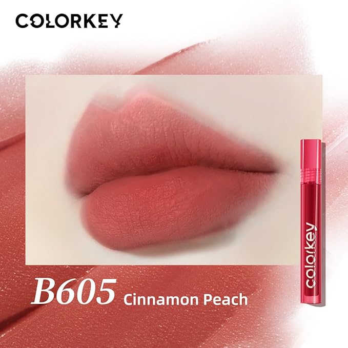 COLORKEY Airy Velvet Lip Tint, Matte Finishs, Longwear Rich Lip Colors, non-sticky, Creamy Soft Texture, Waterproof Lip Stain, Matte hydration, non-drying. Velvety finish (B605 Cinnamon Peach, 3g)