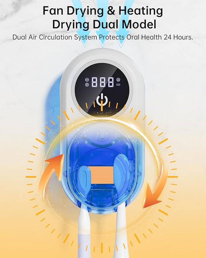 Toothbrush Holder & Toothbrush Cleaner, UV Toothbrush Sanitizer and Holder 2 Slots, Cleaning and Fan & Heat Drying, LED Smart Screen, Wall Mounted Tooth Brush Holder for Bathrooms (White)