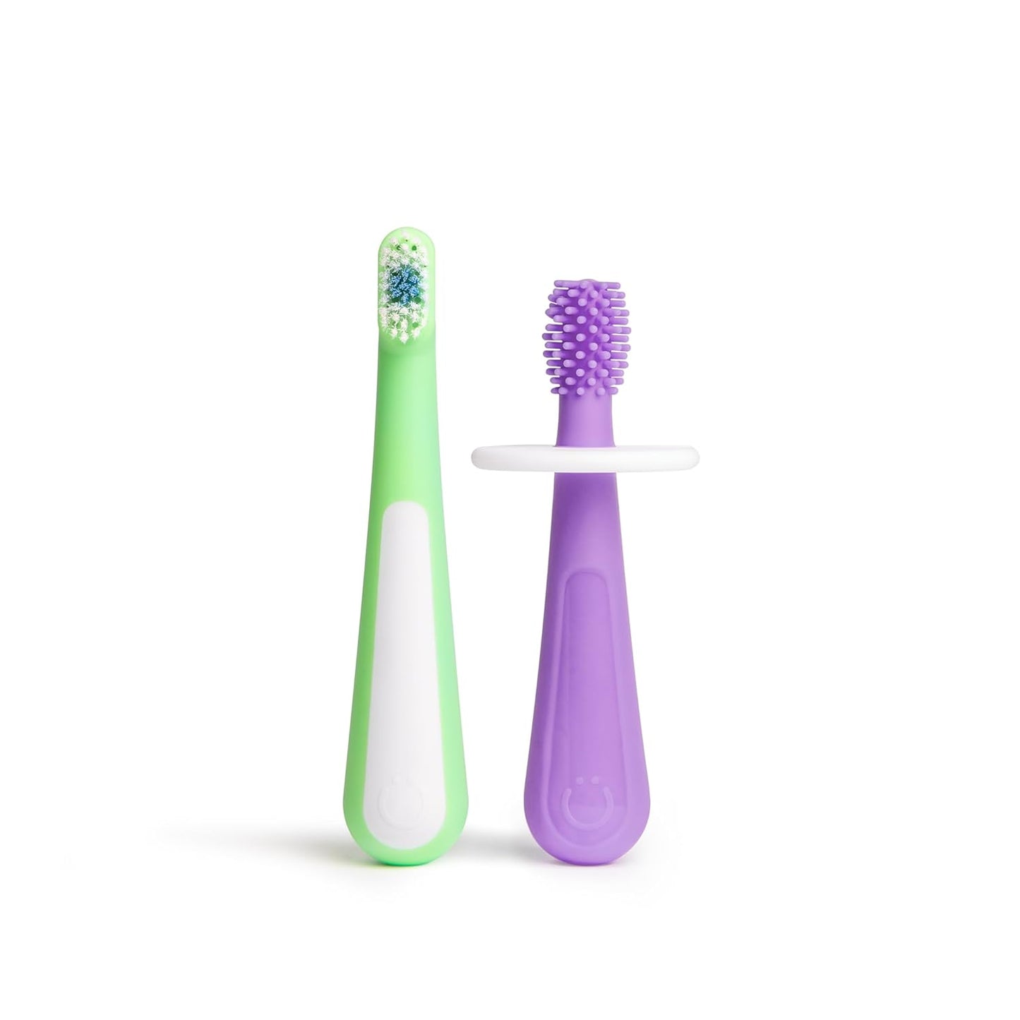 Ubbi Grow with Me Toothbrush Training Set for Babies and Toddlers, Includes One 360° Food-Grade Platinum Silicone and One Soft Bristled Toothbrush, Smoothie Purple and Zest Green