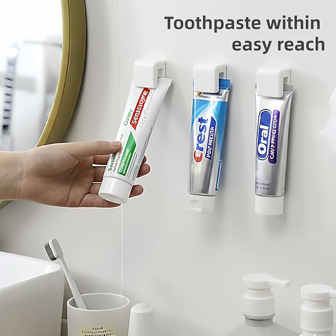 4 Pack Toothpaste Holder by JM.JEEMI, Toothpaste Clips for Bathroom, Tooth Paste Organizer Holder Gripper for Face Cream Tubes with 1 Toothpaste Squeezer - Wall Mounted, White, Small