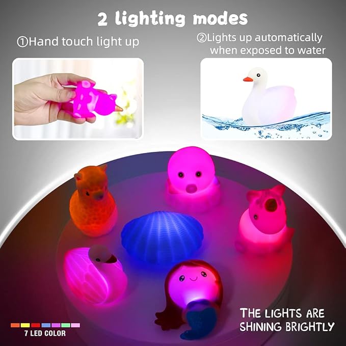 Bath Toys for Toddlers 1-3, No Hole Cute Light Up Bathtub Toys Floating Rubber Sea Animal Set with Flashing Colorful LED Light Unicorn Mermaid for Bathroom Shower Swimming Pool Party for Baby Girl Boy