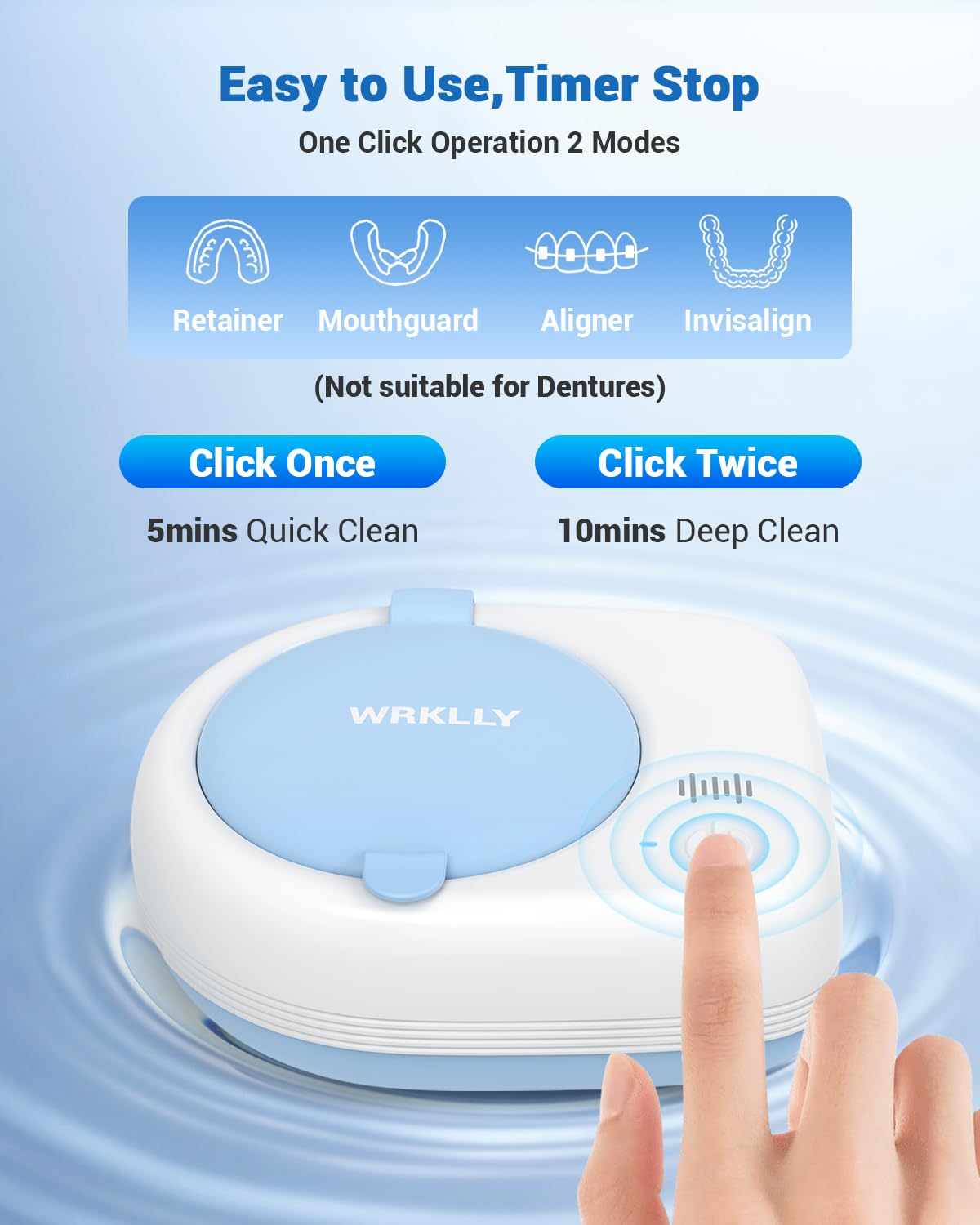 Rechargeable Ultrasonic Retainer Cleaner Machine | 50kHz 1.9 inch Ultra-Thin Portable | Night Guard Aligners Jewelry |6pcs Cleaner Tablets Included | Quick & Deep Clean Modes | Oral Dental Care