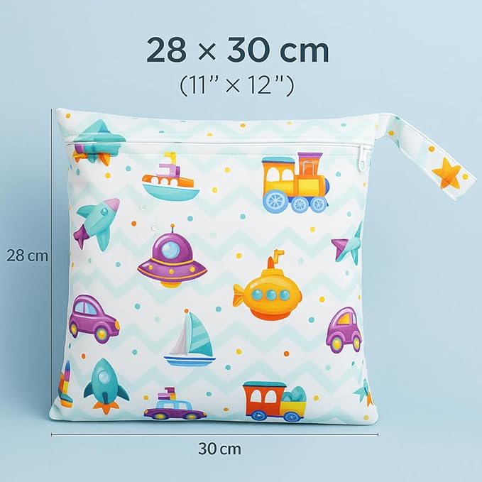 Waterproof Wet Dry Bag, Reusable Diaper Pouch with Zipper, Machine Washable Travel Organizer for Beach, Daycare, Kids, Dinosaur Pattern (Purple UFO)