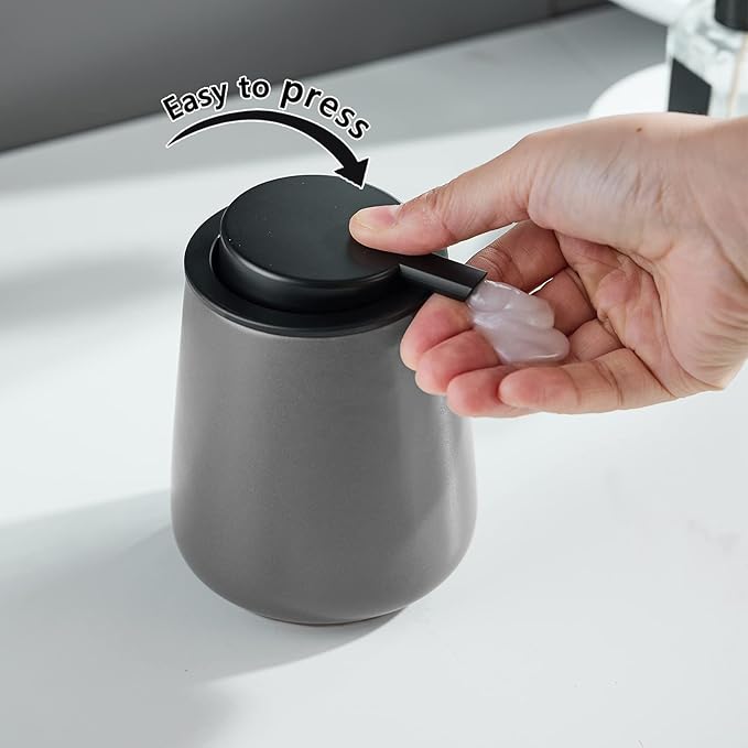 12Oz Grey Hand Soap Dispenser - Modern Ceramic Lotion Soap Dispenser with Easy-to-Press Black Pump, Reusable and Refillable Liquid Soap Dispenser for Bathroom, Dish Soap Dispensers for Kitchen