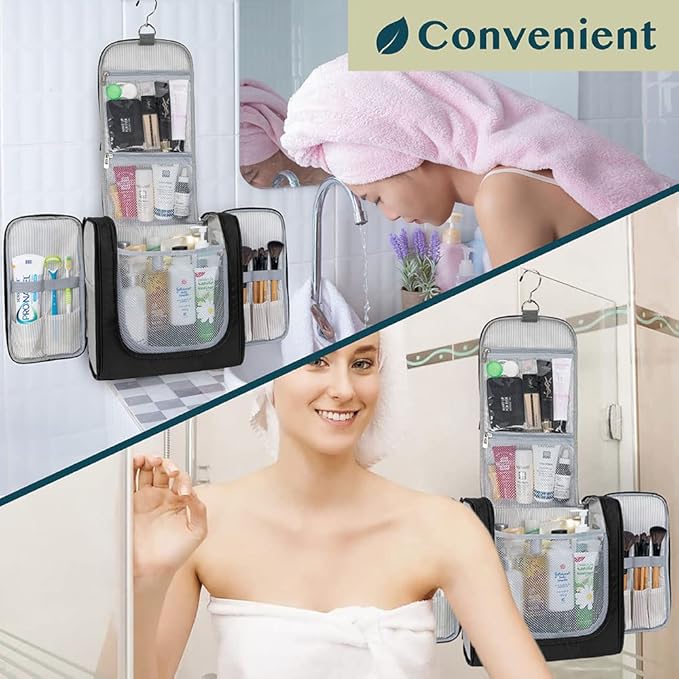 PAVILIA Extra Large Toiletry Bag Travel Bag for Women Men, Hanging Cosmetic Organizer, Water Resistant Makeup Bag for Accessories Toiletries, Travel Essentials Kit (Black)