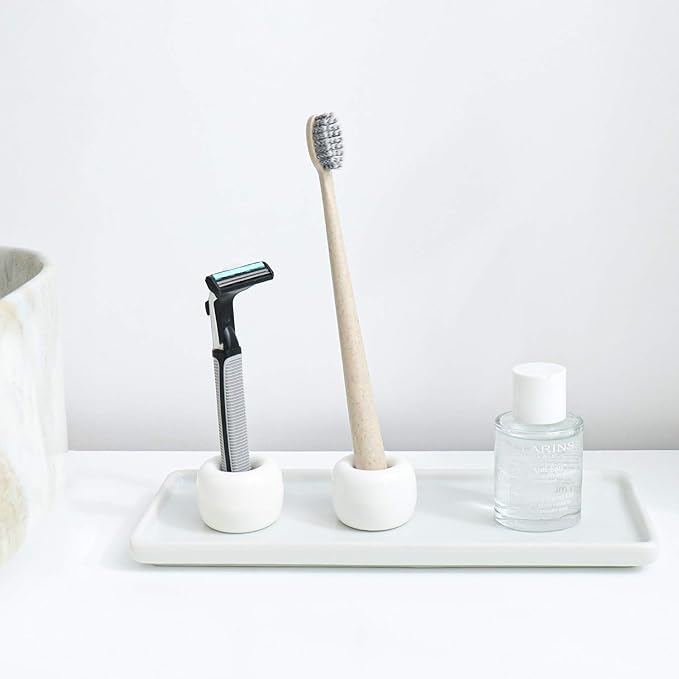 Mini Ceramics Toothbrush Holder Stand for Bathroom Vanity Countertop, Handmade Couple Toothbrush Head Holder, Shaver Holder and Office Pen Holder, 2-Piece Set White
