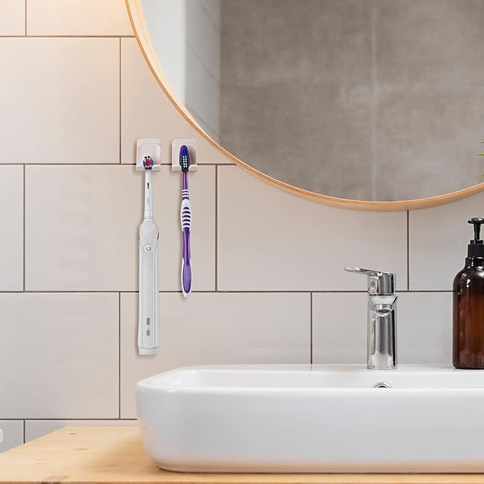 4 PCS Toothbrush Holder Wall Mounted with Cup Holder for Bathroom, Self Adhesive Toothbrush Storage Organizer for Shower, Mini Toothbrush Hanger Rack for Dorm, Cabinet