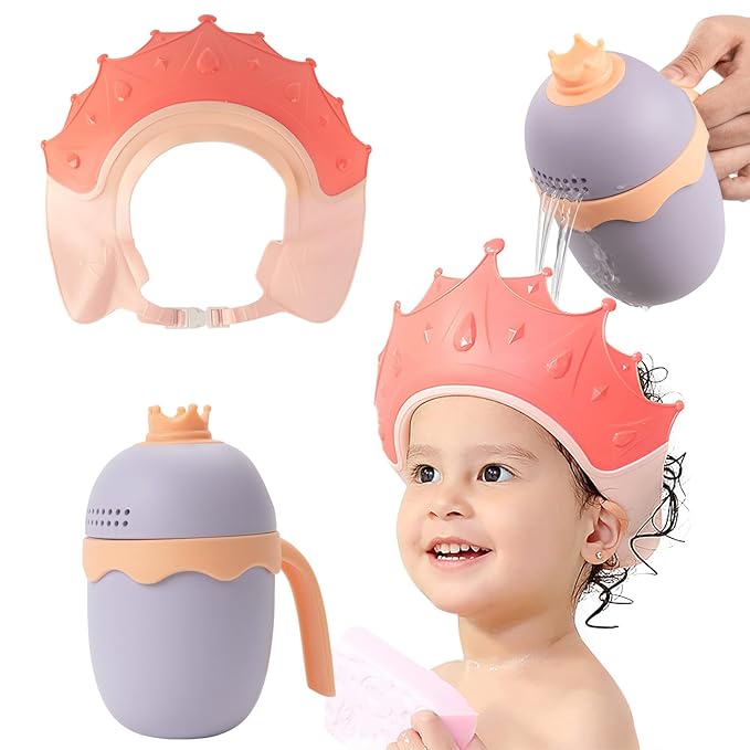FUNUPUP Baby Shower Cap for Kids with Bath Rinse Cup, Adjustable Toddler Hair Washing Shield Hat Baby Bath Visor Shampoo Hat for Toddlers 6M-9T, Pink