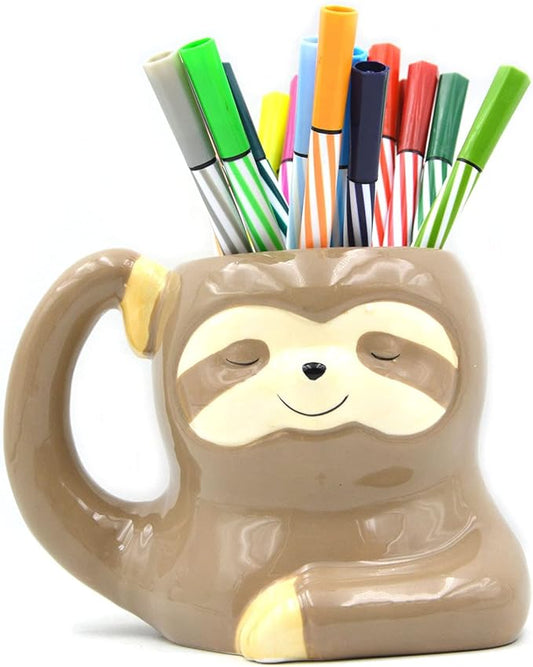 3.9 Inch Ceramic Sloth Shaped Cup Pen Holder Pencil Holder/Sloth Toothbrush Holder Cup Brush Holder Cute Desk Accessories Multipurpose Pot Sloth Gifts Ideal Gifts for Women, Mom or Birthdays