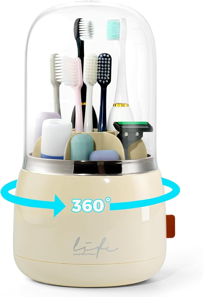 Toothbrush Holders for Bathrooms, Rotating 7 Slots Toothbrush Holder with Cover, Kids Electric Toothbrush and Toothpaste Holders for Caddy for Bathroom Vanity, Sink, Countertop, Beige