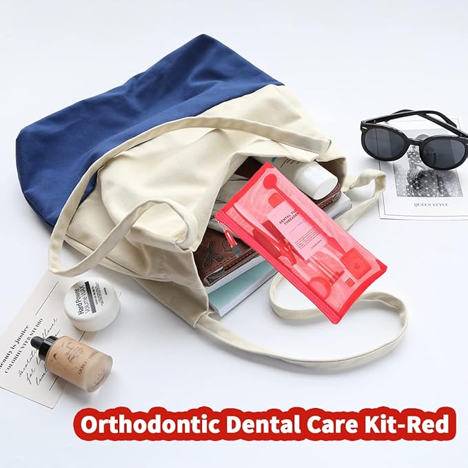 Braces Cleaning Kit for Teeth, Portable Orthodontic Toothbrush Kit Oral Care Dental Travel Kit - Interdental Brush Dental Wax Dental Floss Toothbrush Box (Red)