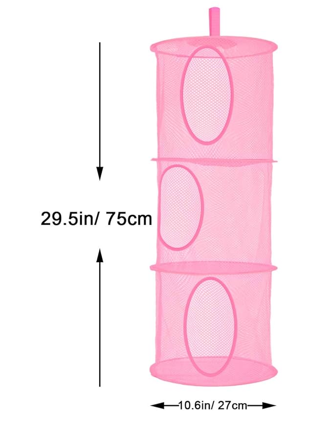 Libeder Mesh Hanging Storage Space Saver Bags Organizer,Foldable Storage Organizer 3 Compartments Toy Storage Basket for Kids Room Bathroom 2 Sets Pink