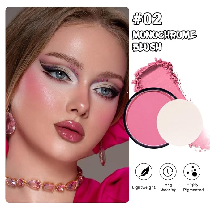 Natural Single Matte for Face Cheeks Blush with Makeup Powder Puff, Pink Red Monochrome Blush Cream Powder Makeup Palette Blushes Long-lasting Color Blendable Foundation for Women Every Day 02