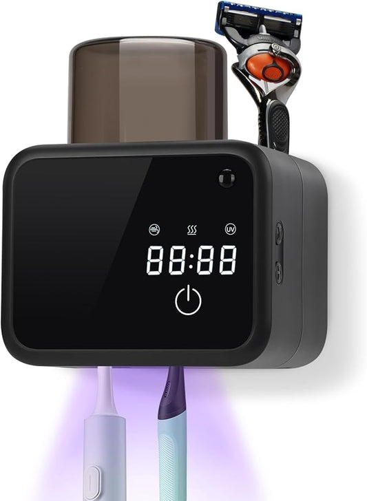 Wall Mounted Toothbrush Cleaning Holder, 2 Slots Toothbrush Cleaner with LED Screen, Timer and Cup, Smart UV Toothbrush Storage with Heating and Fan Drying for Bathroom Organizer & Decor - Black