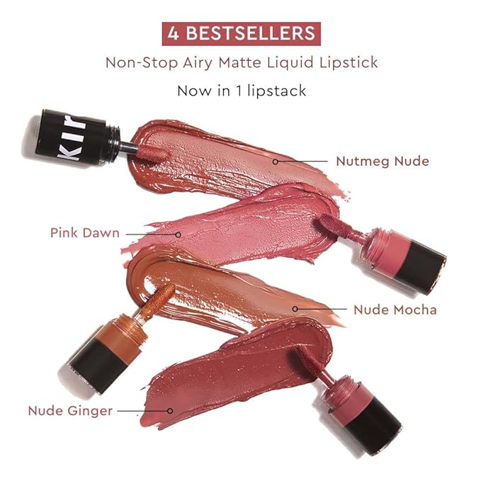 KIRO Four Play Non-Stop Airy Matte Liquid Lip Stack – Ultimate Quad | 4 Nude Lipstick Shades | Long-Lasting, Transfer-Proof, Hydrating, Lightweight | Infused with Avocado & Apricot Oils | 6ml