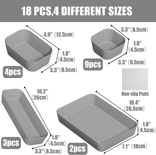 18 pcs Desk Drawer Organizer Tray, Multiple Sizes Plastic Drawer Organizer Storage, Stackable Organizer Containers For Makeup, Bedroom, Kitchen Gadgets Utensils and Office