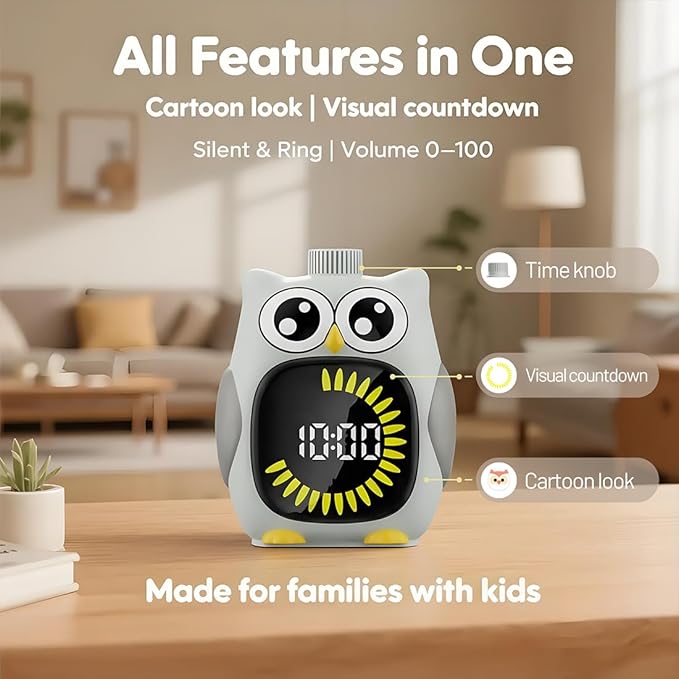 Grey Big-Eyed Owl Visual Timer for Kids,Classroom Timer, Time Out Timer,Up to 99Minutes Small Visual Timer,for Yoga,for Kitchen