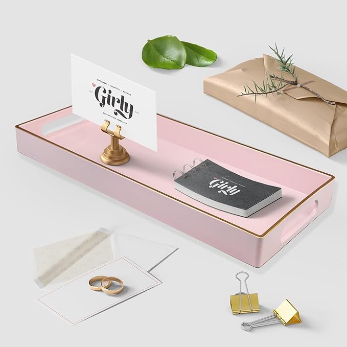 Pink Vanity Tray with Handles, Decorative Tray Desktop Storage Organizer for Bathroom, Living Room, 5.9"*13.7"