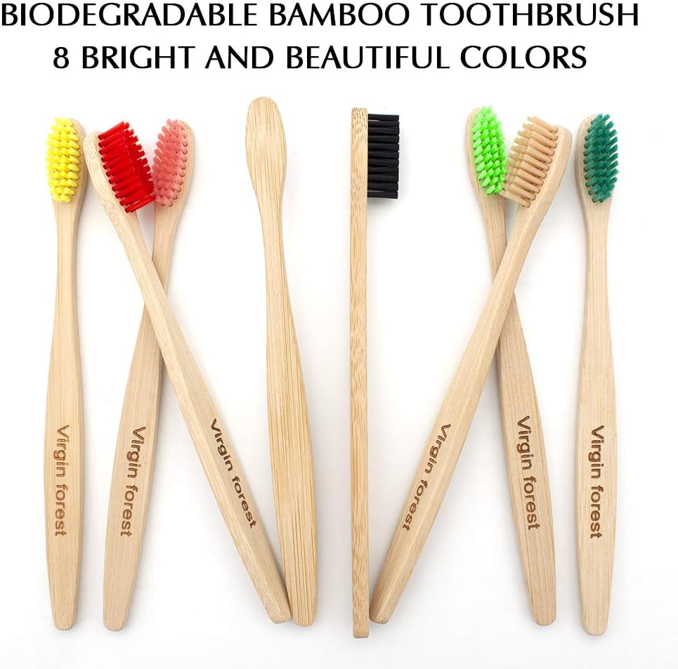 Virgin Forest Bamboo Toothbrush, Biodegradable Toothbrush, Eco Friendly Natural Wooden Toothbrushes, Vegan Organic Bamboo Charcoal Tooth Brush for Sensitive Gums Medium Bristle Set of 8 Color