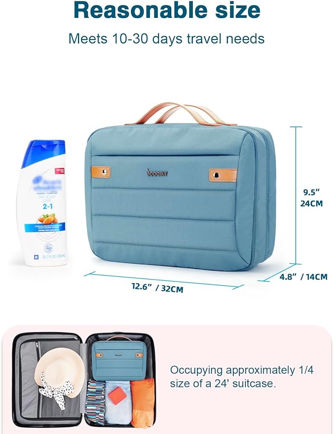 Women's Hanging Toiletry Bag, Waterproof Travel Cosmetic Organizer with Jewelry Storage, Large Capacity Makeup Case for Full-Size Skincare & Bathroom Essentials, Portable Cosmetic kit, Blue