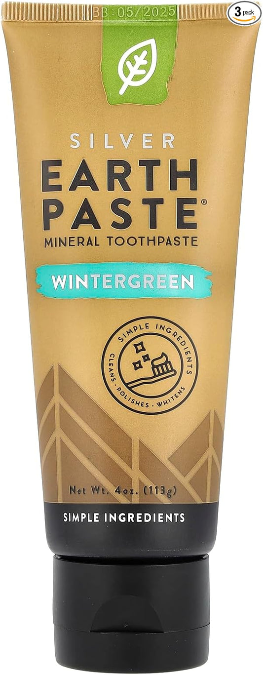 REDMOND - Earthpaste All Natural Non-Fluoride Vegan Non GMO Real Ingredients Toothpaste, Wintergreen 4 Ounce Tube (Pack of 3) (Packaging May Vary)