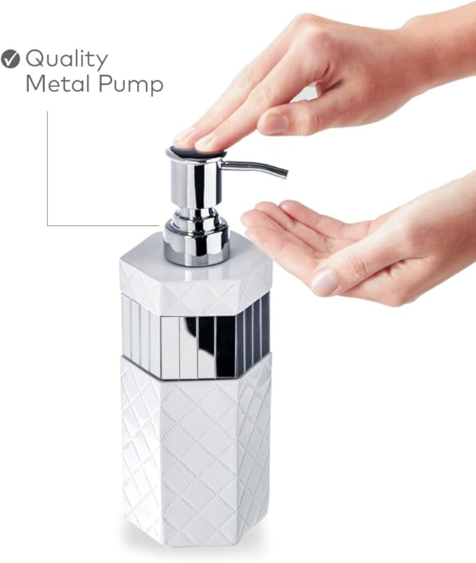 Creative Scents Quilted Mirror White Bathroom Accessories Set - Decorative 4 Piece Bathroom Set - Mirrored Bathroom Accessory Set Includes: Soap Dispenser, Toothbrush Holder, Tumbler & Soap Dish