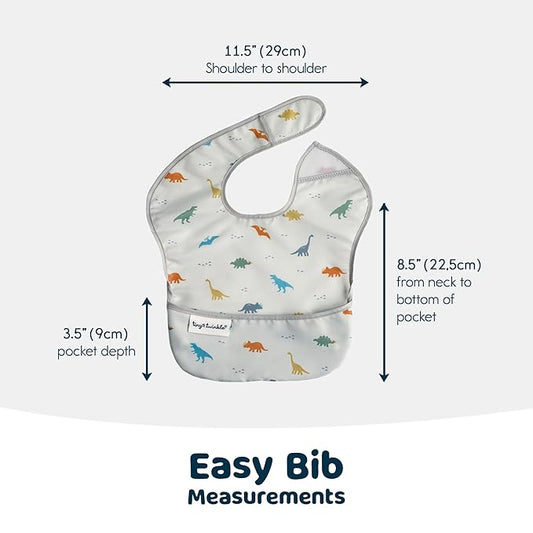 Tiny Twinkle Mess-Proof Baby Bibs for Eating | Waterproof, Wipeable Toddler Bibs with Catch-All Pocket | Feeding Bibs for Girls & Boys(3 Pack,Dinosaur Set)