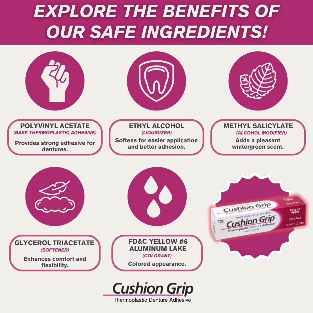Cushion Grip Thermoplastic Denture Adhesive 1oz (12 Pack)–Extra Strong Hold Up to 4 Days, Unmatched Strength, Waterproof & Zinc Free, Relieves Sore Gums, Comfortable Refit, Long Lasting Denture Refit